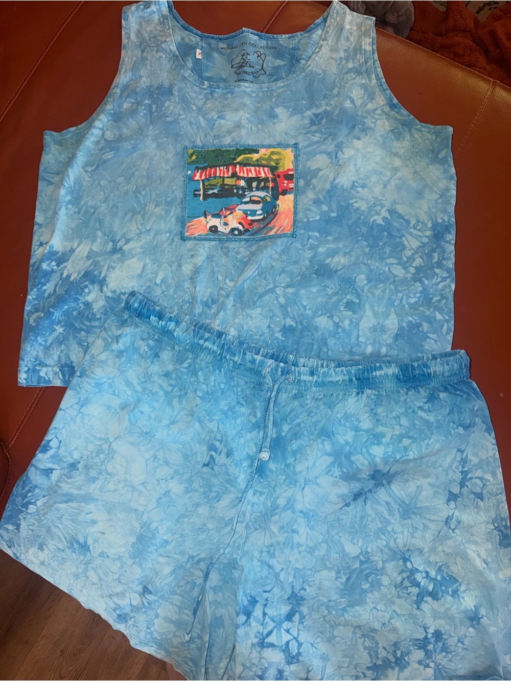 Michael Leu Collection Vintage Blue Tie-Dye Two Piece Lounge Set Shorts and Tank